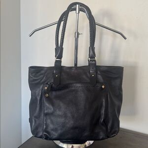 Cole Haan Black Leather Tote Bag Shoulder Handbag Gold-Tone Accents Casual Sleek